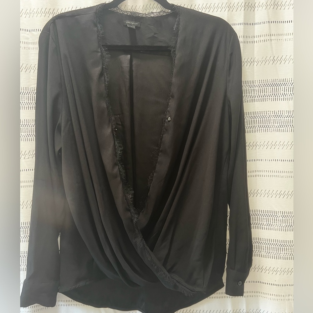 Ann Taylor Long Sleeve Lace Trim Top